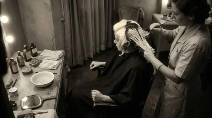 Jean Harlow-inspired actress undergoing a 1930s platinum blonde hair transformation 1930s platinum blonde hair transformation on an actress with peroxide and ammonia mixture applied to her scalp