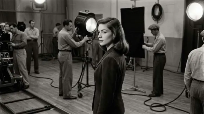 Lauren Bacall-inspired actress controlling her signature left-side angle on a 1940s film set Lauren Bacall-inspired actress controlling her signature left-side angle on a 1940s film set