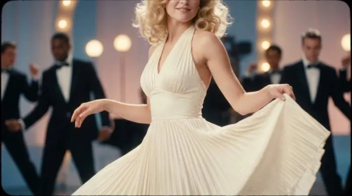 Madonna-inspired performer reinterpreting Marilyn Monroe white dress pose Madonna-inspired performer reinterpreting Marilyn Monroe white dress pose