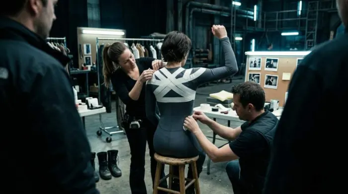 Costume crew applying white tape for Milla Jovovich-inspired film costume
