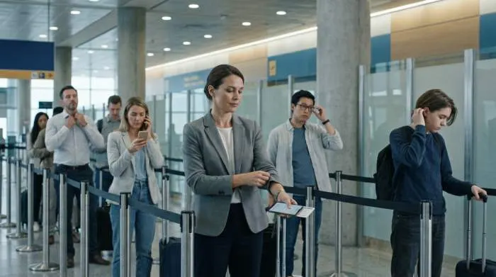 Airline travelers checking their grooming before boarding flight