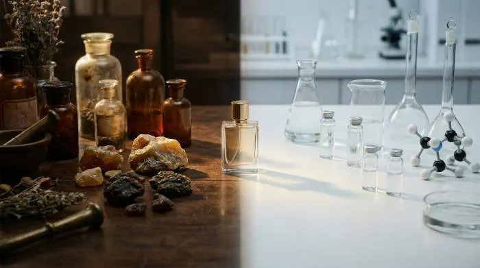 Comparison of natural animal perfume ingredients and modern synthetic fragrance molecules in perfumery evolution