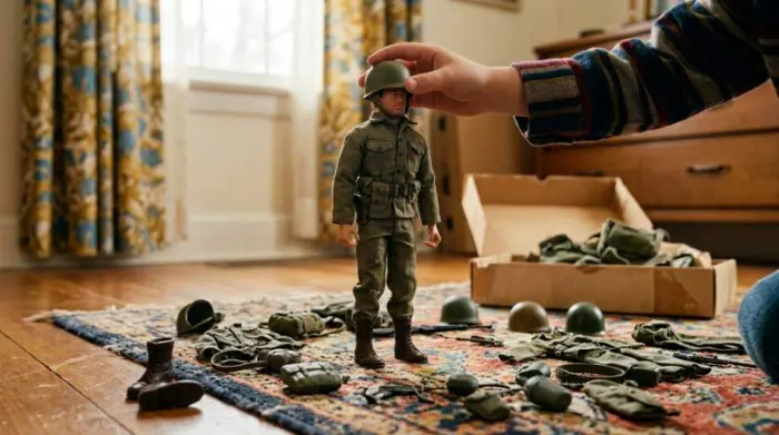 1960s G.I. Joe action figure surrounded by interchangeable gear 1960s G.I. Joe action figure surrounded by interchangeable gear