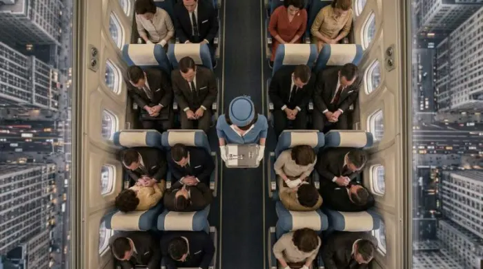 1960s airplane cabin with flight attendant contrasted against changing world outside showing controlled luxury escape atmosphere 1960s airplane cabin with flight attendant contrasted against changing world outside showing controlled luxury escape atmosphere