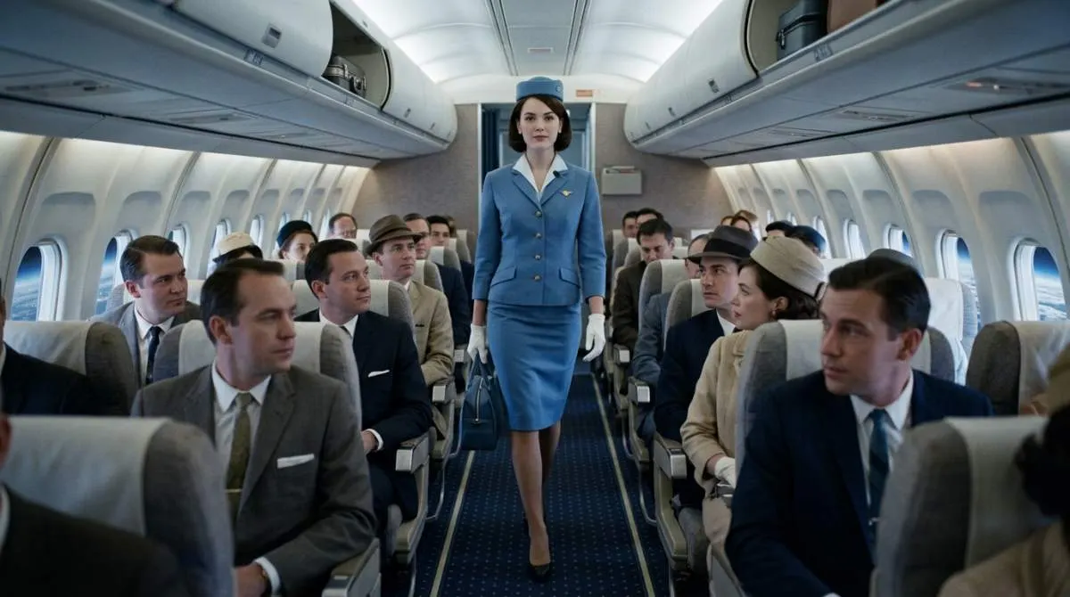 1960s Pan Am flight attendant walking through airplane aisle showing iconic stewardess uniform and structured elegance