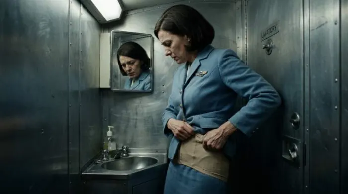 1960s flight attendant adjusting tight girdle under uniform showing body control and hidden pressure behind stewardess image Pan Am stewardess in navy uniform with pillbox hat adjusting hidden girdle for structural control