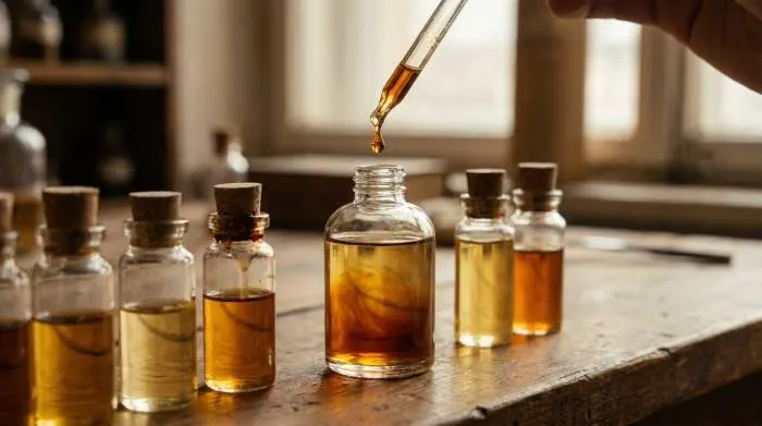 Perfumer adding diluted ambergris or musk drop to fragrance showing blending process and scent transformation Close-up of perfumer blending diluted ambergris and musk into fragrance, demonstrating scent transformation