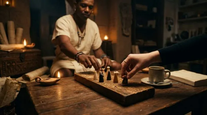 Modern player sharing Senet board with ancient Egyptian scribe Modern player sharing Senet board with ancient Egyptian scribe