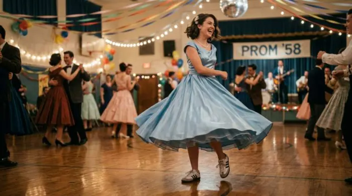Woman dancing in satin prom dress with sneakers showing mix of 1950s elegance and modern street style