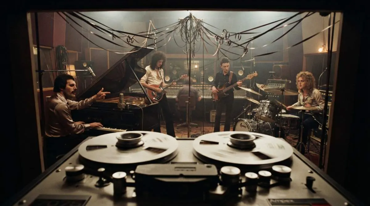 Queen-inspired musicians building Bohemian Rhapsody through ambitious analog recording in 1975