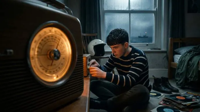1960s British mod listening to offshore pirate radio at night 1960s British mod listening to offshore pirate radio at night