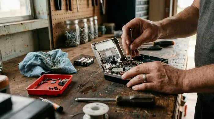 Hands repairing vintage cassette player showing self reliance and right to repair mindset