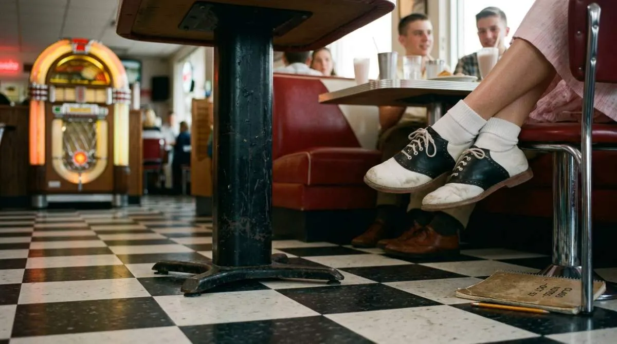 Teen wearing saddle shoes in a 1950s American diner