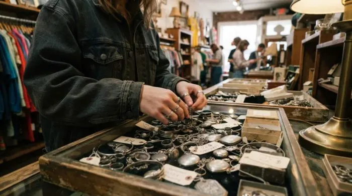 A young thrift shopper searches through forgotten vintage sterling silver jewelry in a crowded secondhand store.