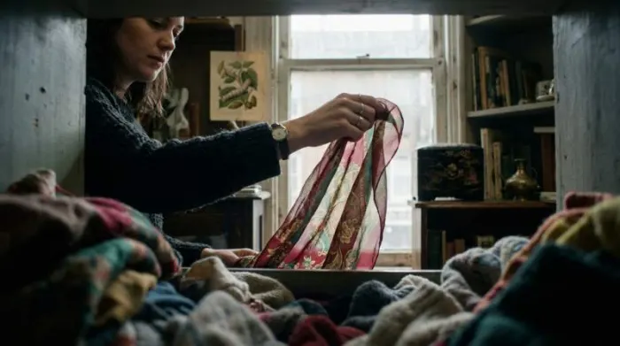 Vintage silk scarf in thrift store reflecting silk’s ancient Chinese history
