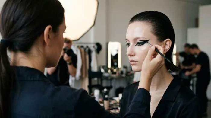 Modern model wearing Siouxsie-inspired geometric black eyeliner at fashion shoot