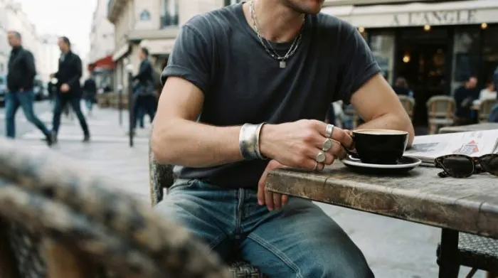 Vintage sterling silver worn casually with denim and a T-shirt, transforming heirloom jewelry into an effortless everyday statement.