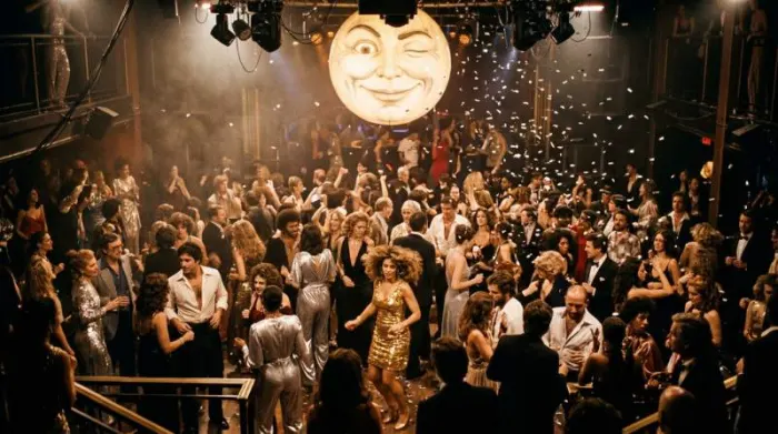 Studio 54 dance floor filled with glamorous 1970s disco fashion Studio 54 dance floor filled with glamorous 1970s disco fashion