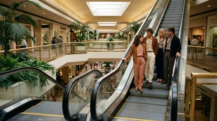 The Shards-inspired teenagers wearing effortless early 1980s fashion in a Los Angeles mall The Shards-inspired teenagers wearing effortless early 1980s fashion in a Los Angeles mall