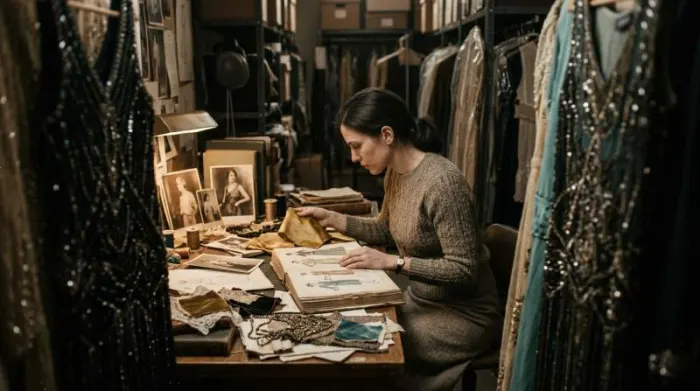 Costume designer researching 1920s fashion plates and period fabrics Costume designer researching 1920s fashion plates and period fabrics