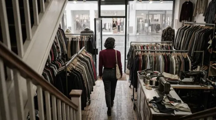 Woman wearing upcycled vintage blazer while leaving a thrift store