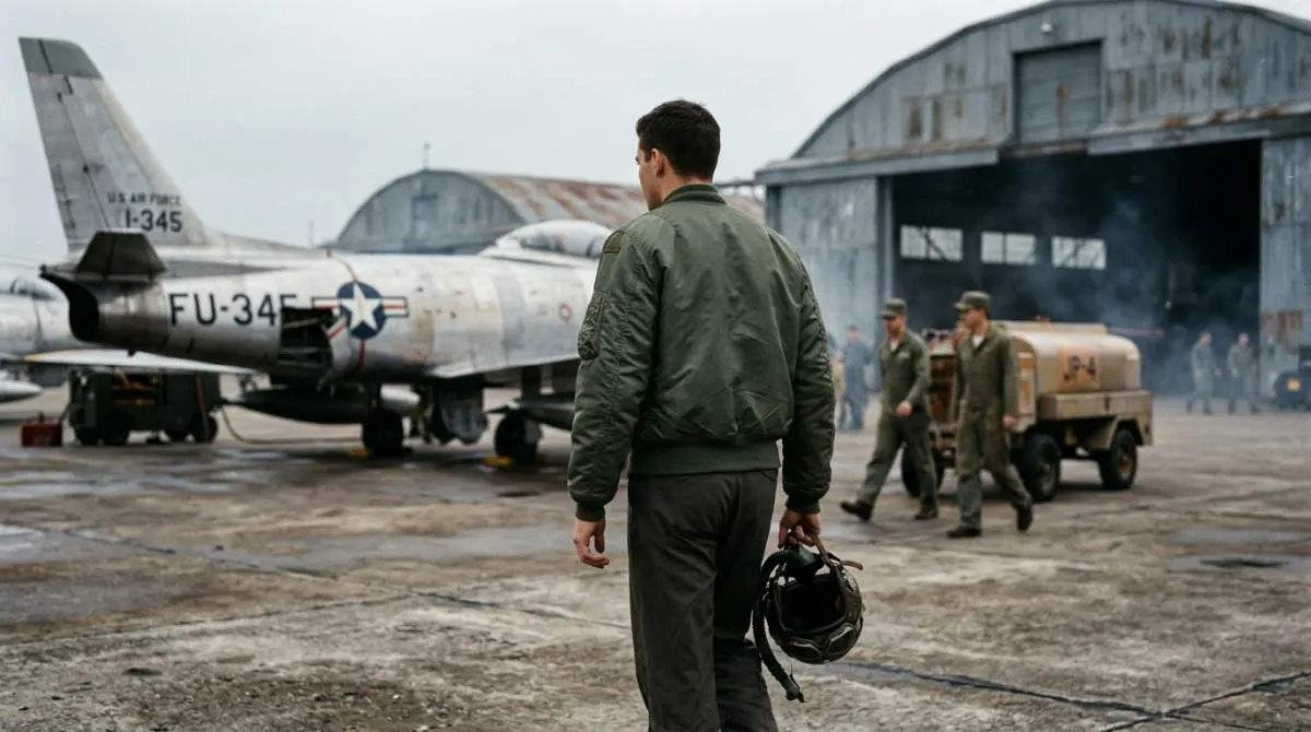 Pilot wearing vintage MA-1 bomber jacket at military airbase