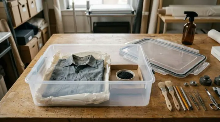 A vintage cotton shirt rests inside an airtight storage container beside a separate bowl of activated charcoal for gentle dry odor removal A vintage cotton shirt rests inside an airtight storage container beside a separate bowl of activated charcoal for gentle dry odor removal