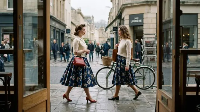1950s costume styling contrasted with modern vintage-inspired outfit 1950s costume styling contrasted with modern vintage-inspired outfit
