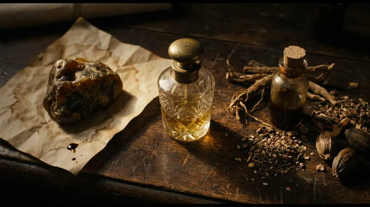 Vintage perfume with ambergris and musk deer ingredients showing unusual animal origins of classic fragrances