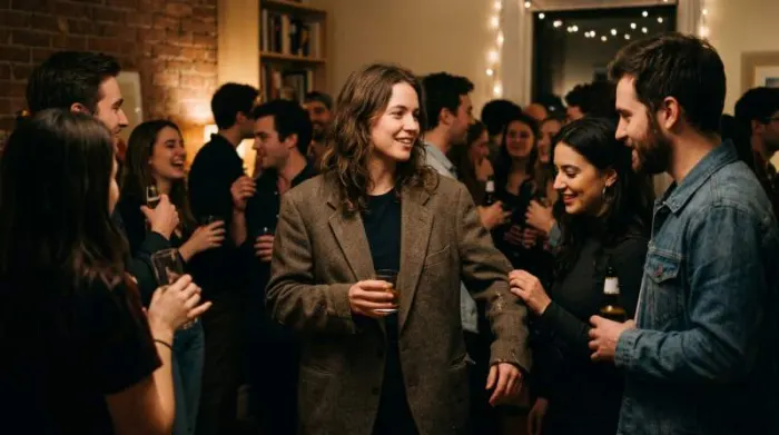 Woman wearing vintage wool blazer at party showing effortless style shift toward true vintage fashion