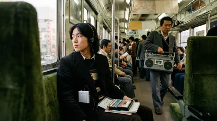 1979 commuter listening to portable cassette player on Tokyo train 1979 commuter listening to portable cassette player on Tokyo train