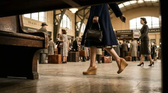 Woman walking comfortably in vintage wedge heels at a 1940s station Woman walking comfortably in vintage wedge heels at a 1940s station