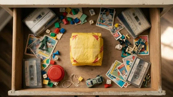 Vintage yellow fast-food packaging among forgotten 1980s and 1990s childhood collectibles Vintage yellow fast-food packaging among forgotten 1980s and 1990s childhood collectibles