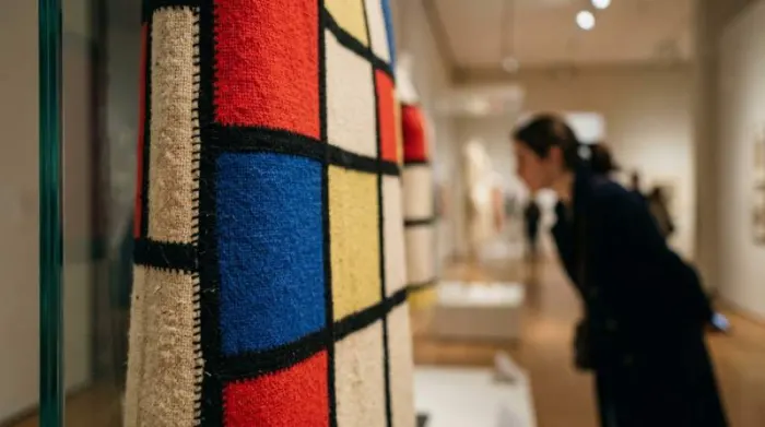 Close-up of YSL Mondrian dress wool texture and precise intarsia seams