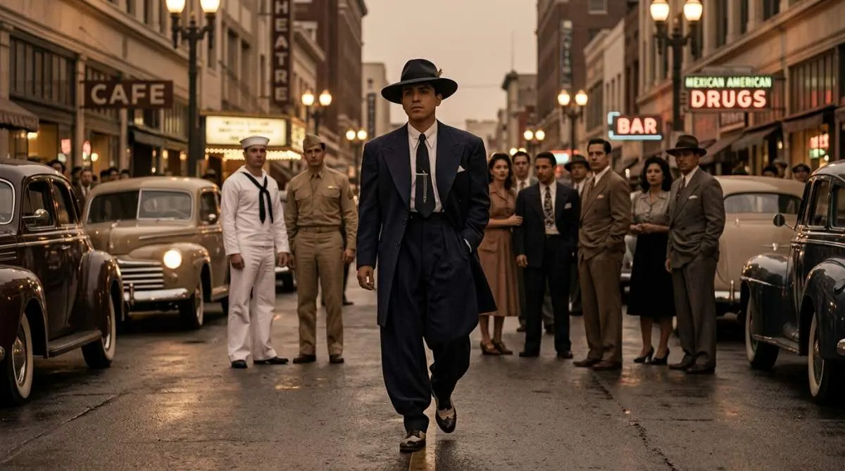 Man wearing zoot suit in 1940s street scene showing cultural tension and fashion identity conflict