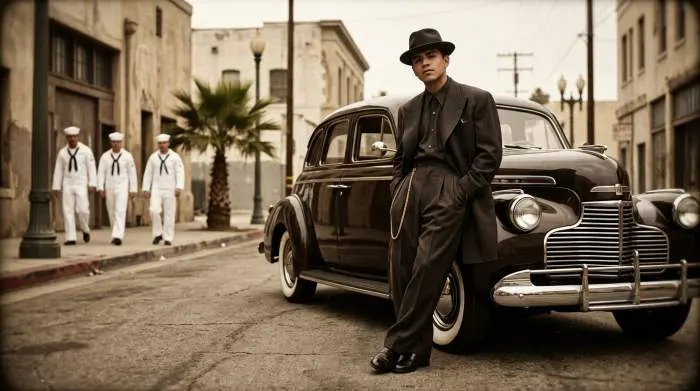 1940s zoot suiter leaning on lowrider with porkpie hat showing style, identity, and social tension