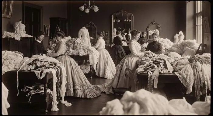 Victorian-era textile garments stacked together to represent vintage fashion reuse and upcycling