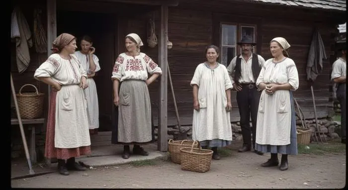 Woman wearing a traditional peasant blouse in a rural village inspired by early 1900s folk fashion