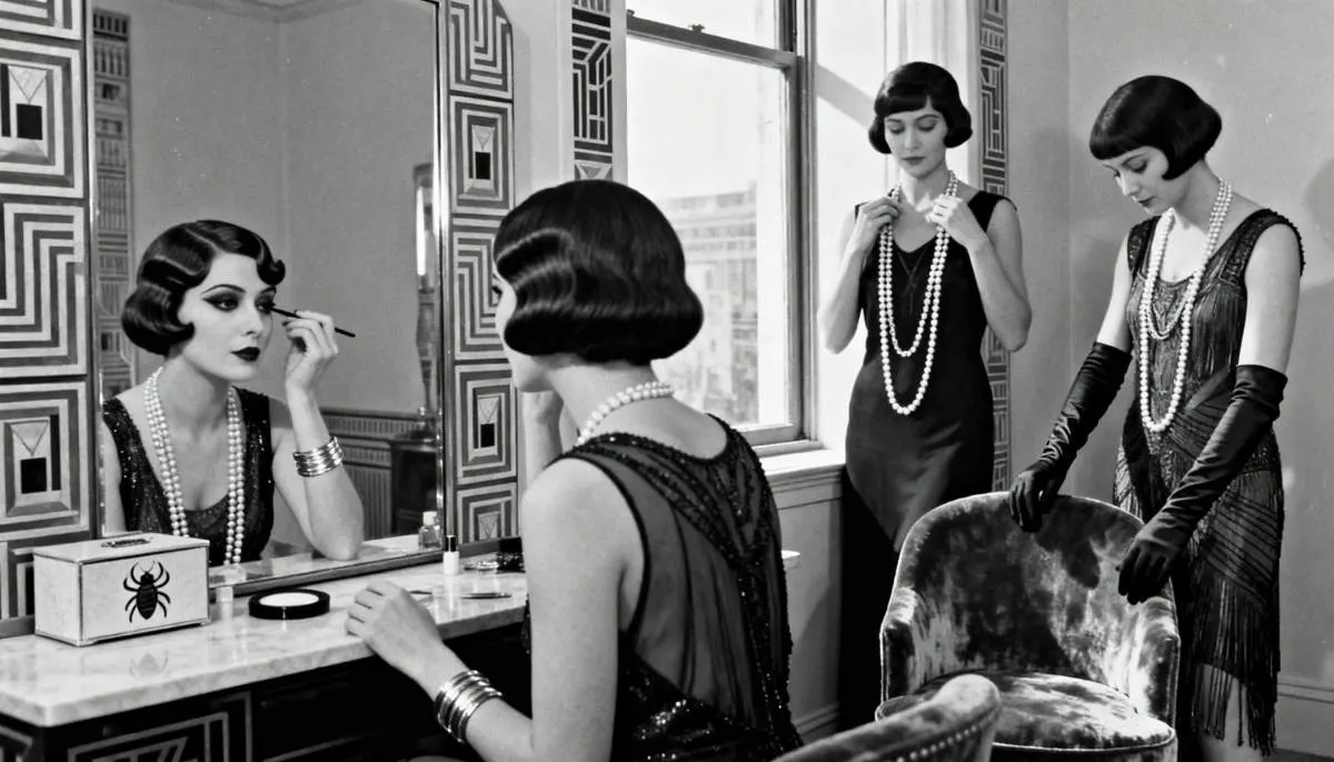 1920s flapper applying dramatic Egyptian-inspired eyeliner in a glamorous vanity room