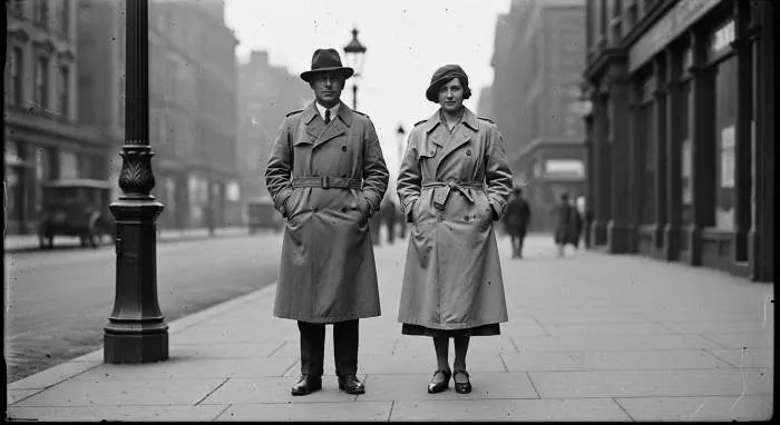 Vintage trench coat draped over a chair in a 1940s factory setting