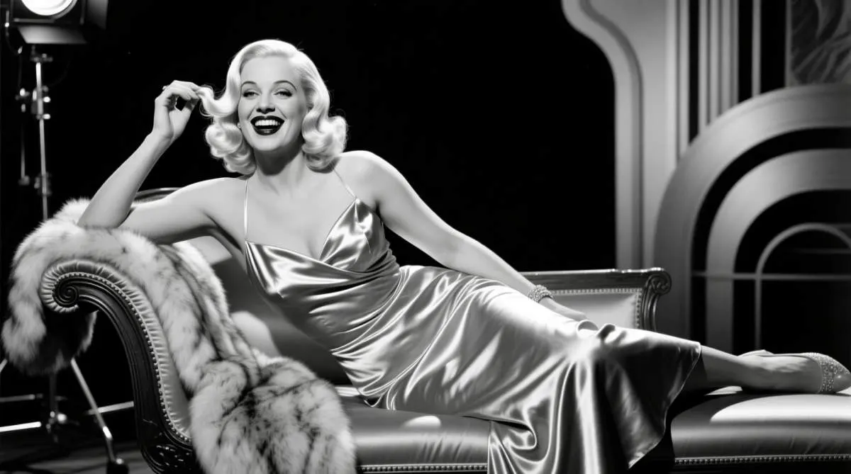 Jean Harlow with platinum blonde hair posing in glamorous 1930s Hollywood style