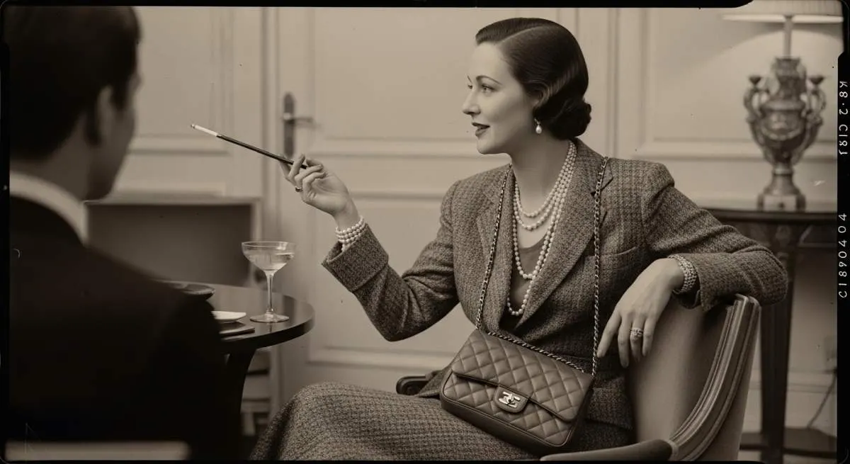 Coco Chanel-inspired Paris fashion scene with bold jewelry and liberated 1930s glamour