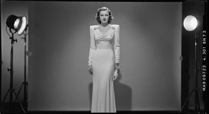 1940s bias-cut gown with structured shoulders showing evolution of silhouette