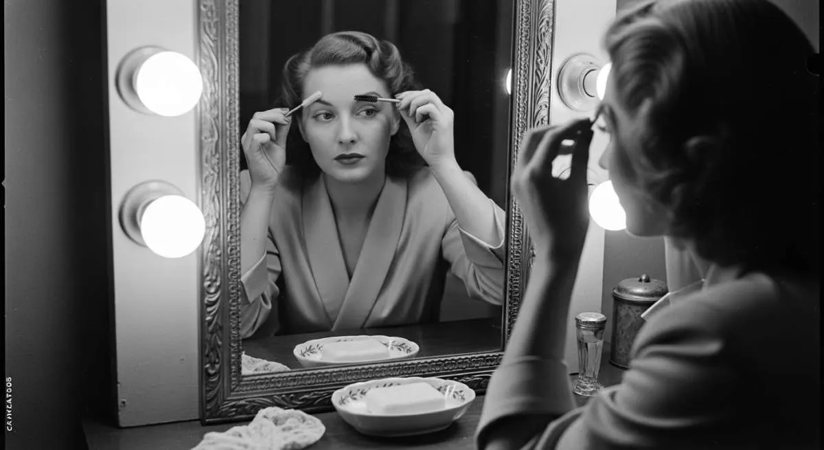 1940s Hollywood actress styling her eyebrows with soap during a vintage beauty routine