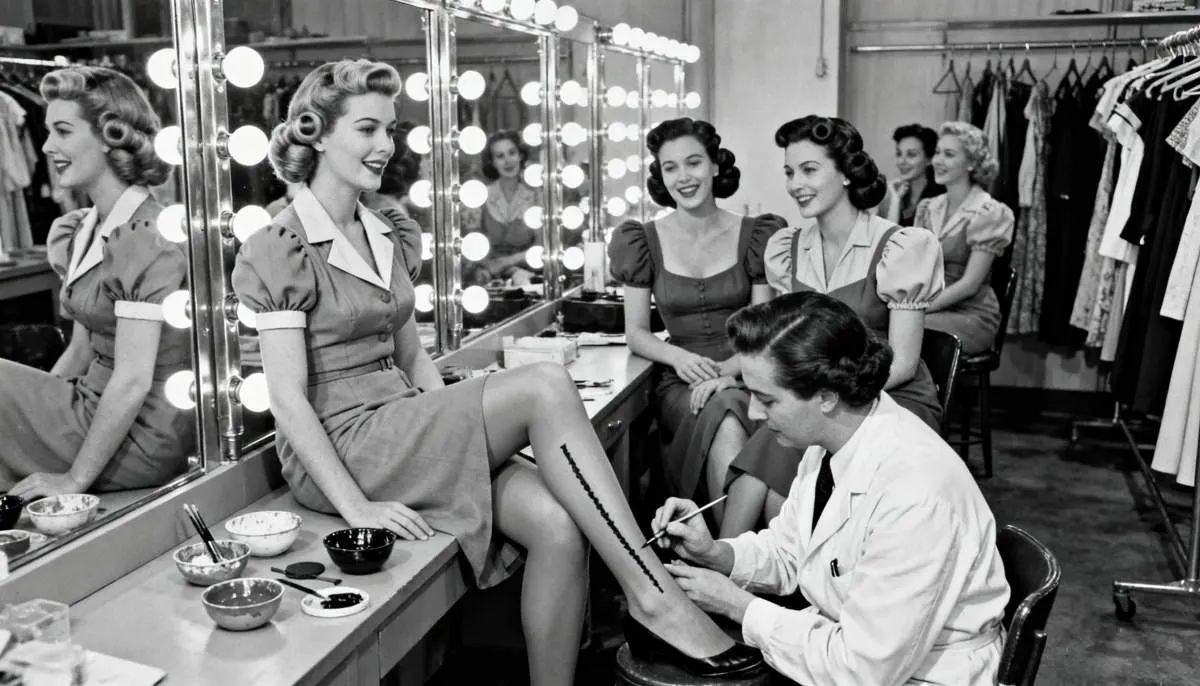 1940s Hollywood actress applying liquid stockings backstage during wartime nylon shortages