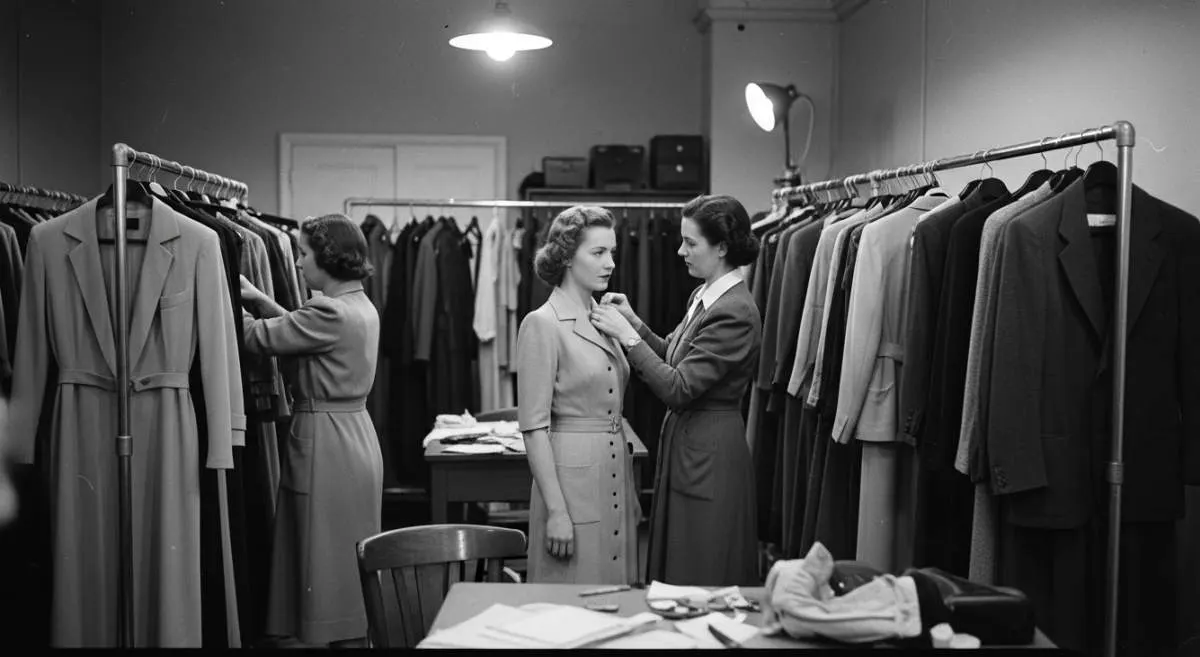 1940s Hollywood stylists preparing glamorous film costumes behind the scenes