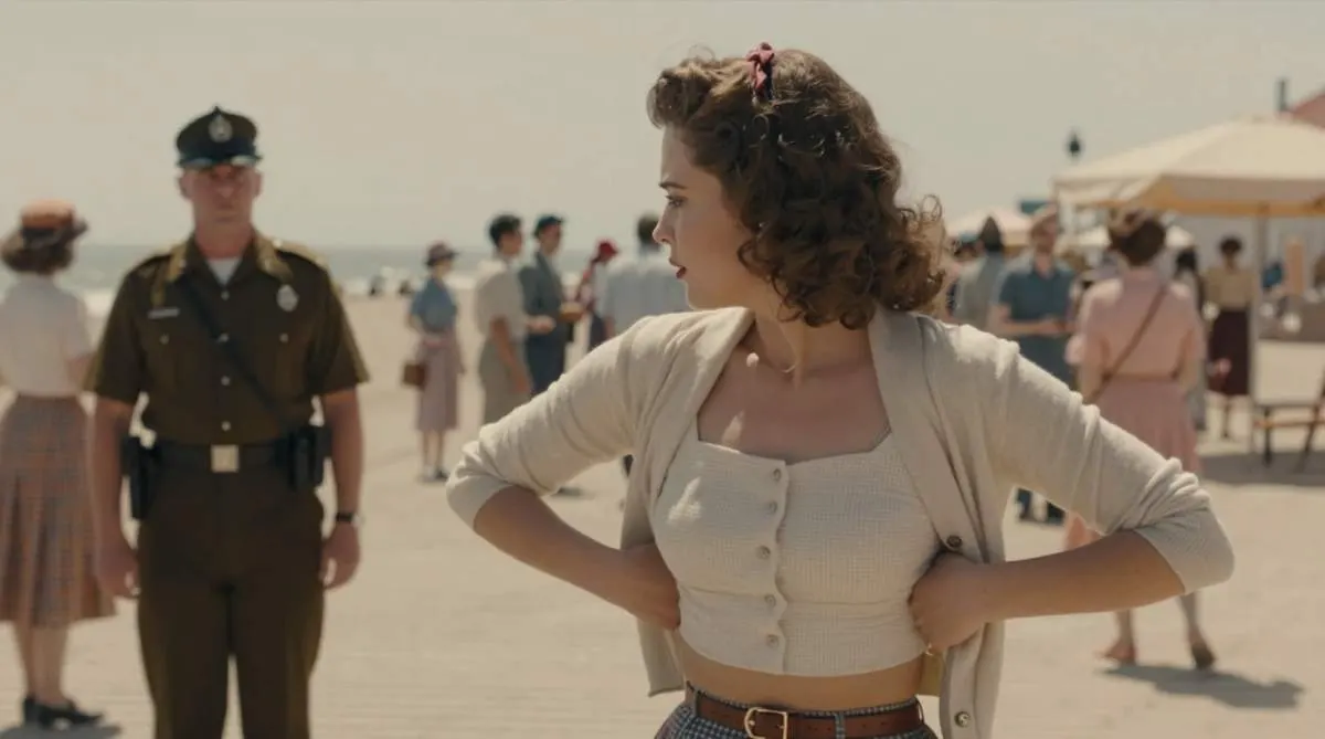 1940s women wearing midriff-baring outfits on a beach boardwalk during a fashion controversy