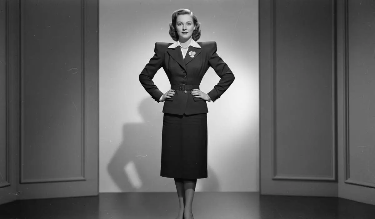 1940s woman wearing padded shoulder fashion inspired by wartime strength and resilience