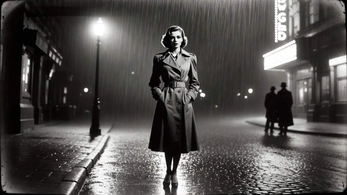 Woman in a dramatic 1940s trench coat standing in a shadowy film noir city street
