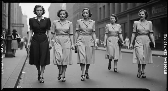 Woman's suit with exaggerated padded shoulders, 1940s wartime fashion under L-85 fabric rationing.